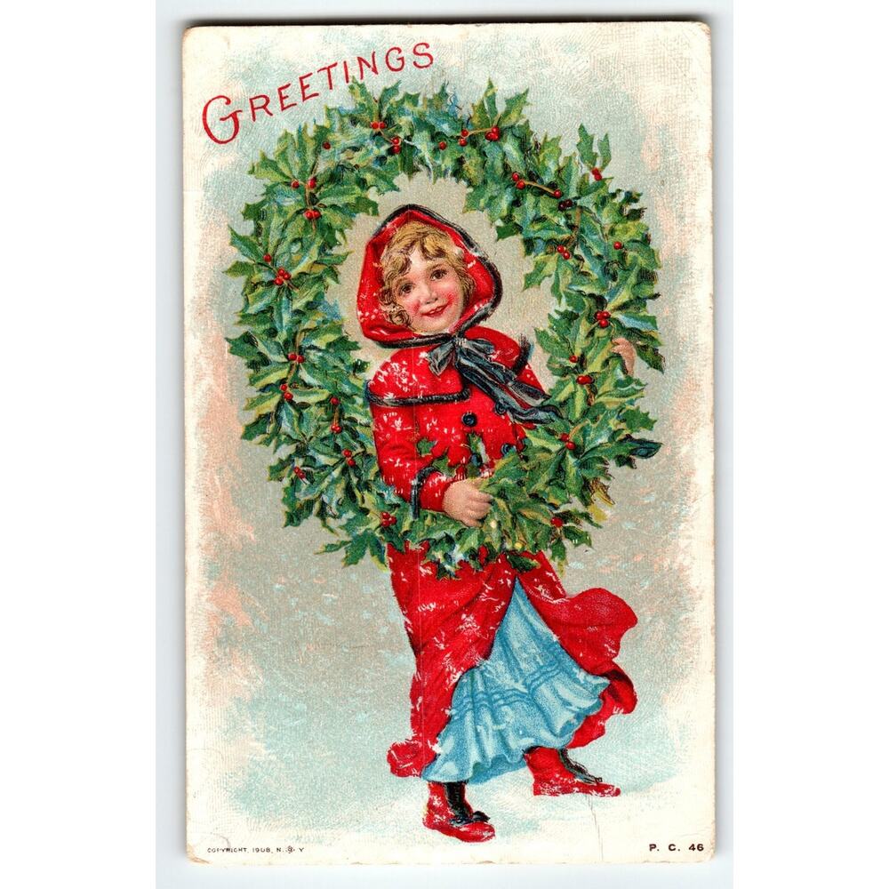 Vintage 1908 Christmas Postcard Sweet Girl in Red Coat Holding Holly Wreath